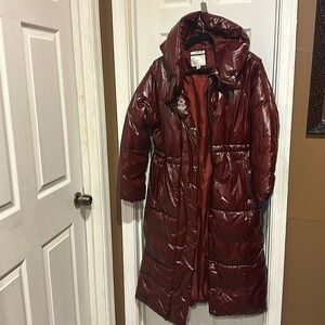 Burgundy Puffer Coat with Hood.